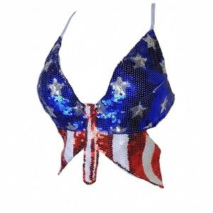 New American Flag Butterfly Sequin Backless Crop Top Lace Up July Medium Small